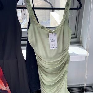 Zara Green Ruched Bodycon Midi Dress